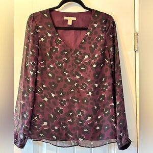 EUC Banana Republic V Neck Purple Cheetah Print Long Sleeve Blouse Shirt Size S